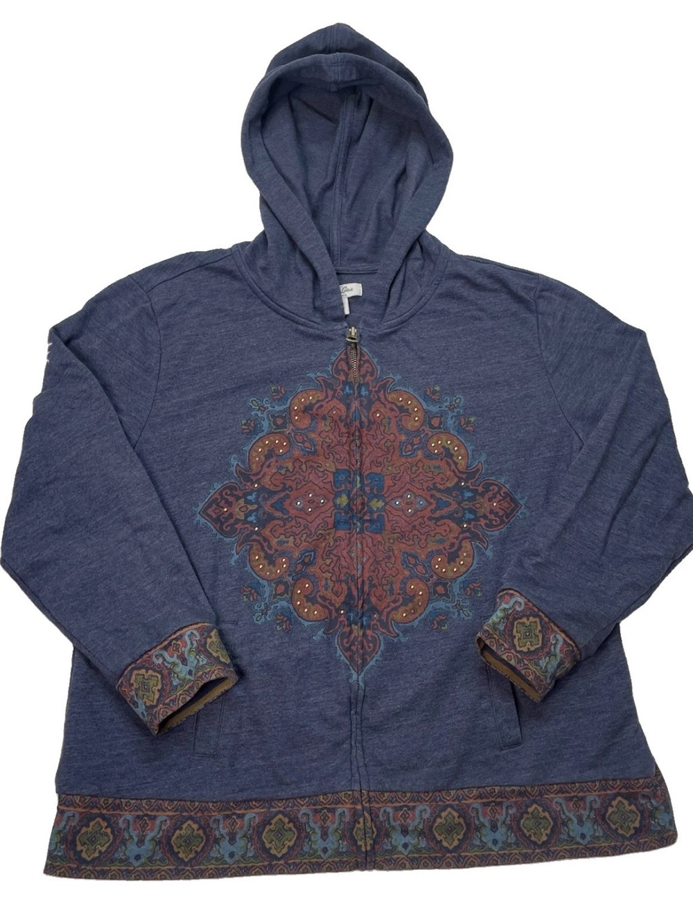 Lucky Brand Lucky Lotus Women’s Size XL Full Zip Hoodie Y2K Boho Festival Beaded